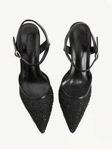 CUCCOO CHICEST Pointed Fashion Elegant Hollow Mesh Embroidery Thread Rhinestone Elegant Banquet Thin Heel High Heel Hollow Black Shoes - Black - View 2