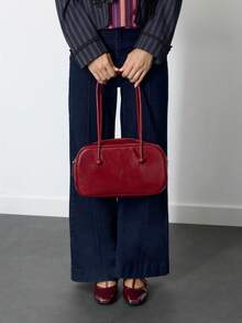 Nöista Burgundy Leather-Effect Shoulder Bag With Double Handles, Glossy Finish And Double Zip Compartments. - Burgundy - View 7