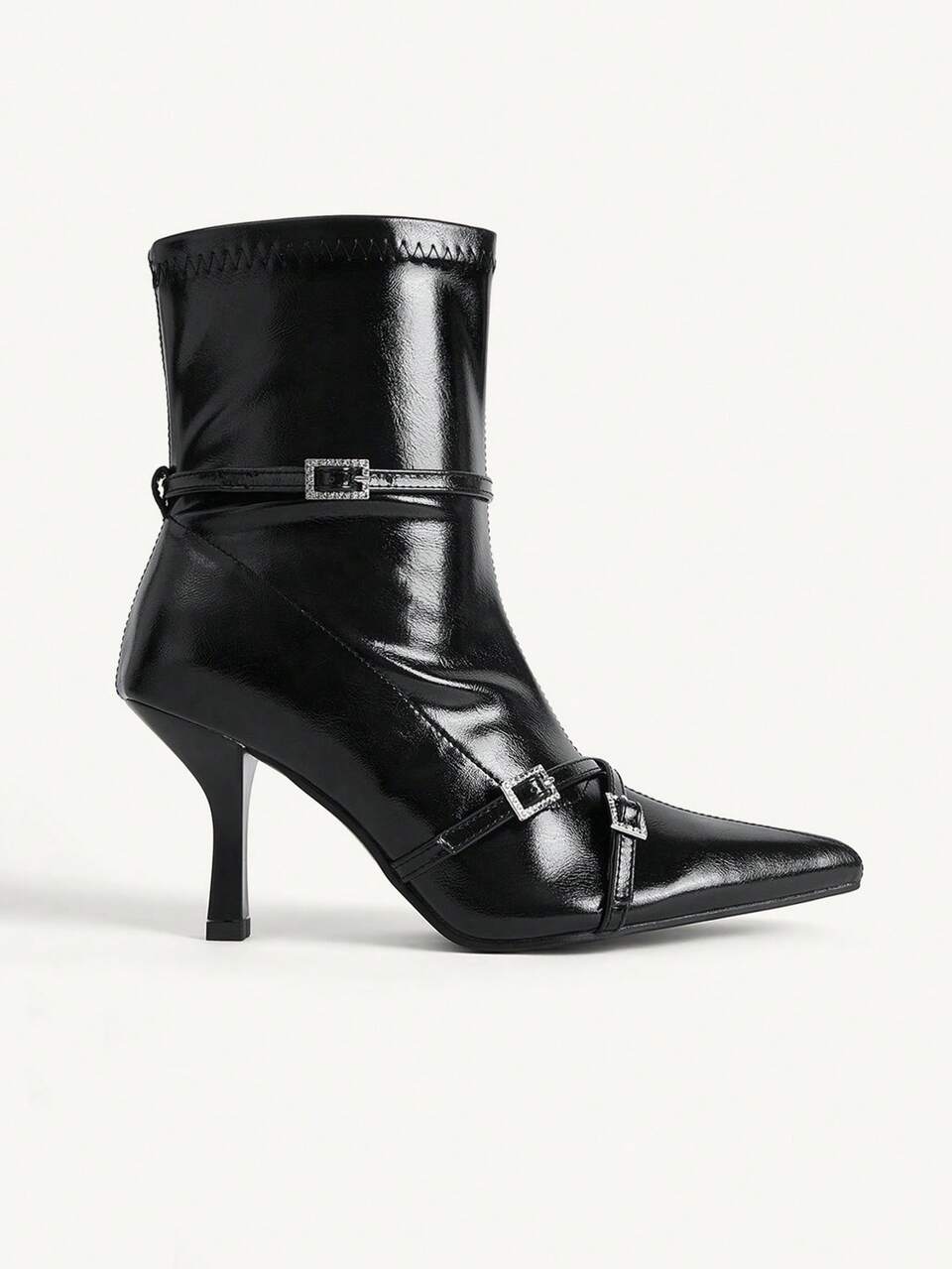 CUCCOO CHICEST Women's Fashion Pointed Heel Strip With Drill Needle Buckle Black Oily Leather Fabric Slip-On Medium Boots