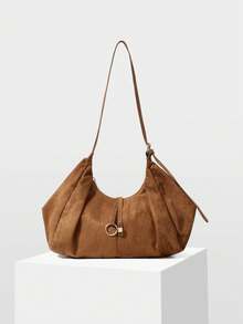 MOTF WOMEN'S FASHION BROWN SHOULDER BAG, RING HARDWARE DECORATION, SOFT SUEDE LARGE CAPACITY TOTE BAG, FOR DAILY SHOPPING COMMUTE - Brown - View 3