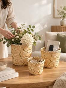 Haus Hana 1pc Wholesale Hand-Woven Bamboo Storage Basket, Round Waste Bin & Sundries Organizer For Coffee Table, Living Room, Bedroom & Study - Multicolor - View 6