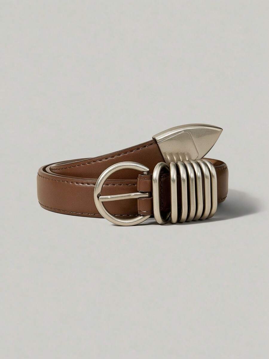 Ontre Women Fashionable Brown Metal Buckle Belts - Coffee - View 1
