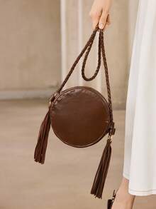 MOTF WOMEN'S FASHIONABLE BROWN ROUND SHOULDER BAG WITH WOVEN SHOULDER STRAPS AND CONTRASTING TASSELS FOR DAILY USE, COMMUTING, SHOPPING, TRAVEL, VACATION - Brown - View 1