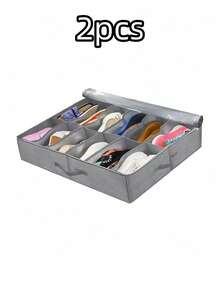1PC 12 Grid Dustproof Non Woven Stackable Shoe Organizer Rack Space Saving Stable Structure Under Bed Shoe Storage Box Foldable Fabric With Transparent Cover Window Home Storage Essential For Closet Entryway Bedroom Dorm Apartment - Dark Grey - View 7