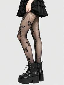 ROMWE 1 Pair Gothic Sweet Butterfly Pattern Fishnet Tights/Stockings, Halloween - Black - View 8