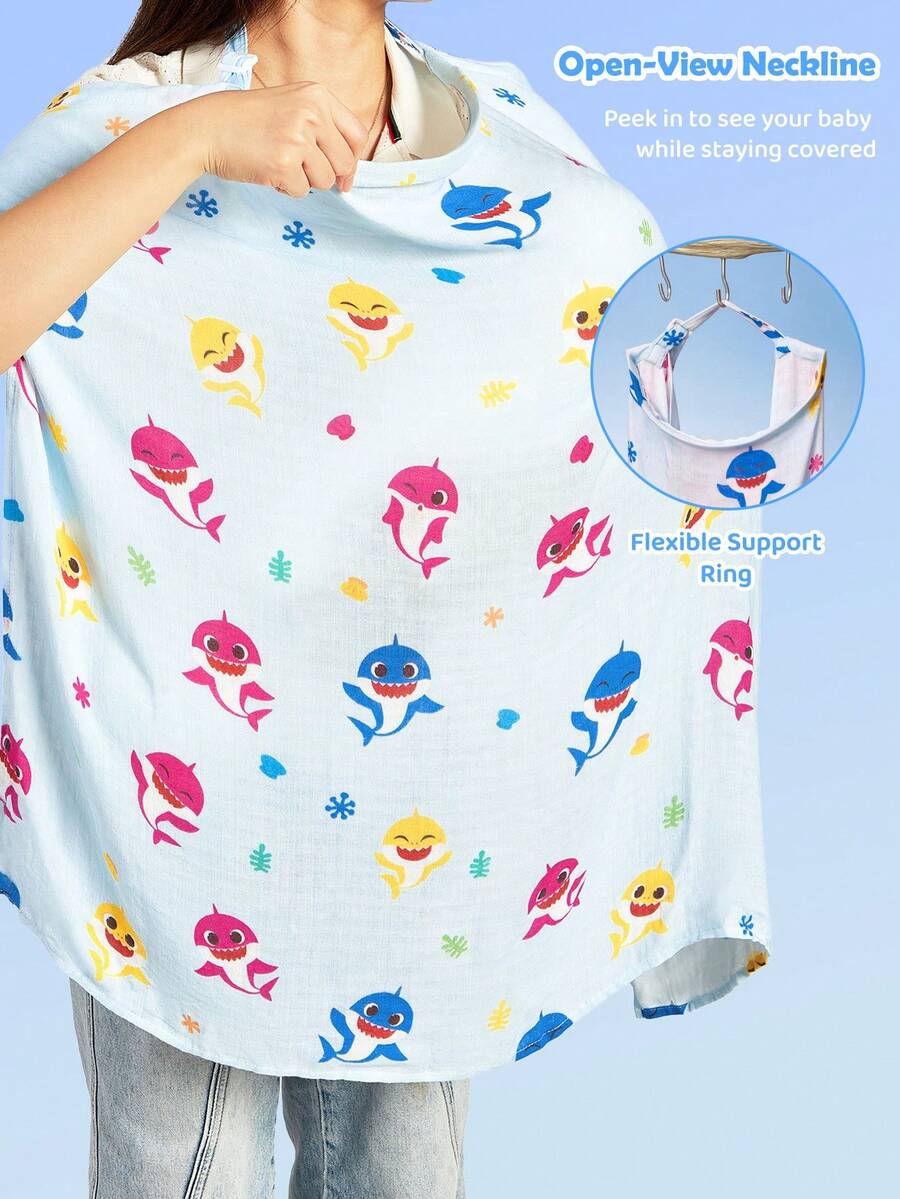 BABY SHARK X SHEIN 1件卡通可愛印花哺乳睡袍,可外出用嬰兒推車蓋被,柔軟舒適,適合四季日常使用 - 彩色 - 查看 1