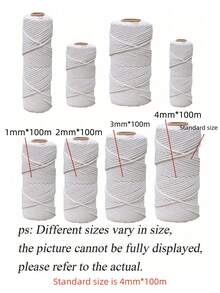 SHEIN 1/2/3/4mm*100m Macrame Rope Natural Core Spun Braided Cord For Wall Hanging DIY Home Decor Gift Wrapping Craft Supplies 4 Ply Thick Thread - White - View 3