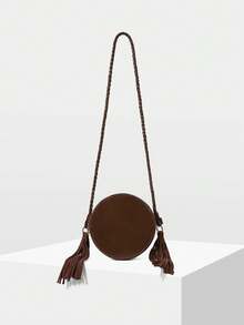 MOTF WOMEN'S FASHIONABLE BROWN ROUND SHOULDER BAG WITH WOVEN SHOULDER STRAPS AND CONTRASTING TASSELS FOR DAILY USE, COMMUTING, SHOPPING, TRAVEL, VACATION - Brown - View 5