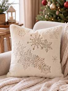 Cirelle 1件/2件裝聖誕仿兔毛抱枕套，金色刺繡裝飾枕套，含馴鹿、雪花、雪人與聖誕樹圖案，奶油色中性冬季節日居家裝飾，適用沙發、臥室、客廳，不含枕芯 - 仿兔毛金色繡線雪花 - 查看 9