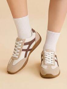 CUCCOO EASI Light Brown Suede Closed Toe Vintage Cream & Dark Brown Colorblock Casual Flat Commuter Shoes - Beige - - View 6