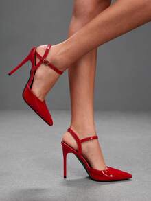 CUCCOO SZL 尖頭細高跟女鞋 大紅色腳踝綁帶 優雅時尚性感 slingback 後跟鞋 - 鏡面大紅. - 查看 3