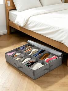 1PC 12 Grid Dustproof Non Woven Stackable Shoe Organizer Rack Space Saving Stable Structure Under Bed Shoe Storage Box Foldable Fabric With Transparent Cover Window Home Storage Essential For Closet Entryway Bedroom Dorm Apartment - Dark Grey - View 3