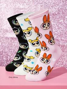 THE POWERPUFF GIRLS X SHEIN 1雙女款中筒襪，柔軟透氣，吸濕排汗休閒襪，卡通條紋圖案，時尚款 - 黑與白 - 查看 5