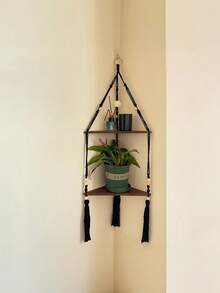 Bohemian Hand‑Woven Cotton Rope Triangle Wall Shelf, Wooden Craft Home Decor, Wall Hanging Storage Rack For Flower Pots - Black - View 7