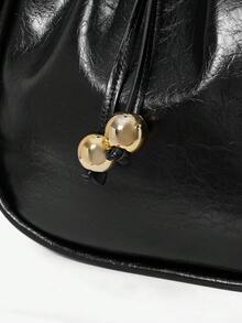 MOTF WOMEN'S FASHION BLACK TOTE BAG, EXQUISITE BALL PENDANT, CLASSIC RETRO OIL WAX SUCTION LARGE-CAPACITY SHOULDER BAG, FOR DAILY, COMMUTING, SHOPPING - Black - View 6