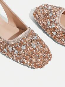 CUCCOO TILAWA Women's New Champagne Rhinestone Sparkling Square Toe Flat Shoes, Elegant Party And Date Outfit - Champagne - View 5