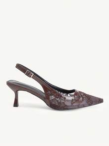 CUCCOO CHICEST 女款蕾絲透明膚色尖頭細高跟鞋 | 優雅緞面後空跟鞋，通勤約會穿搭 - 深棕色 - 查看 2