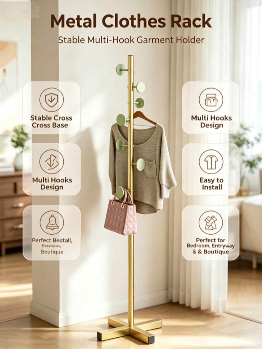 Giá treo áo khoác kim loại đứng độc lập, móc treo quần áo chân đế chữ thập đặt sàn, giá treo quần áo đứng dọc sáng tạo hiện đại nhiều móc, kệ sắp xếp áo khoác mũ túi chắc chắn cho lối vào, phòng ngủ, phòng khách, trang trí lưu trữ gia đình - Mẫu cơ sở chữ thập - Xem 1