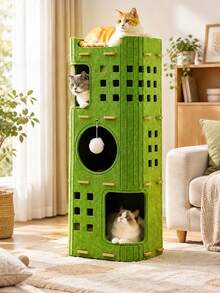 Hollowed-Out Felt Cat House, Multi-Level Ventilated Kitten Apartment Tree, All-Season Indoor‑Outdoor Cat Bed, With Built‑In Scratching Posts, Resting Areas, And Hiding Caves, Enclosed Cat Tower Villa, Durable Cat Furniture And Toy - Multicolor - View 6