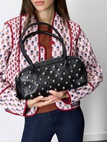 Nöista Black Faux Leather Bowling Bag With Silver-Tone Stud Detailing, Double Top Handles And A Detachable Studded Shoulder Strap. - Black - View 4