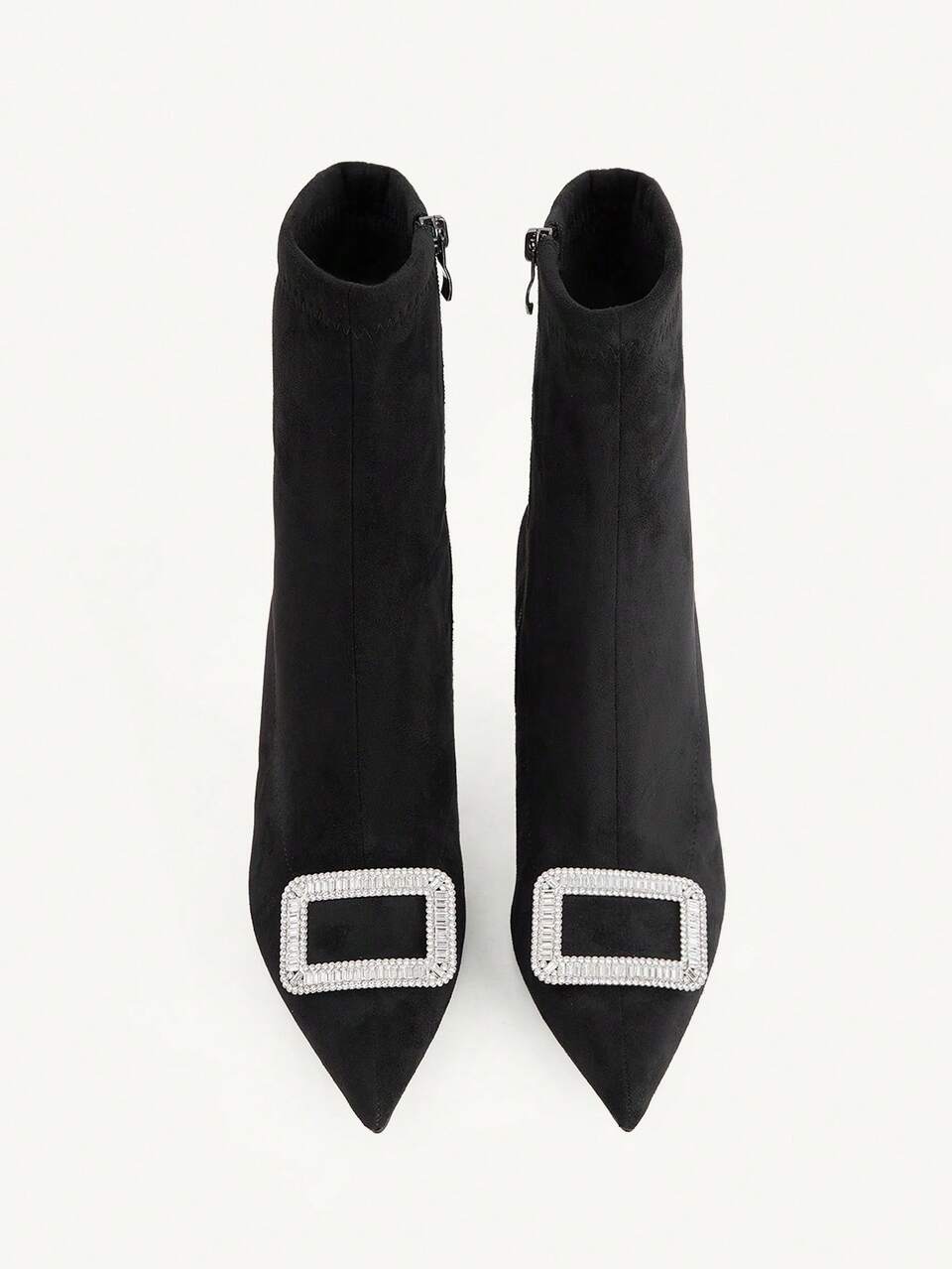CUCCOO CHICEST Autumn And Winter Black Suede Square Diamond Buckle Pointed Head Thin Heel Side Zipper Elastic Short Boots Light Luxury Banquet Date Commuter Wear