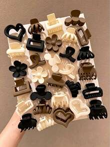 BestieMix One Piece Set Of Milk Coffee Colored Maillard Style Mini Hair Claws, Heart-Shaped Flowers, Square Bangs, Broken Hair Clips, Simple Hair Accessories - Multicolor - View 1