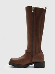 CUCCOO BIZCHIC Simple British Style Women's Autumn And Winter Daily Commute Vertical Pattern Elastic Knitting Splicing Silver Square Buckle Solid Color Round Toe Hi - Brown - View 3