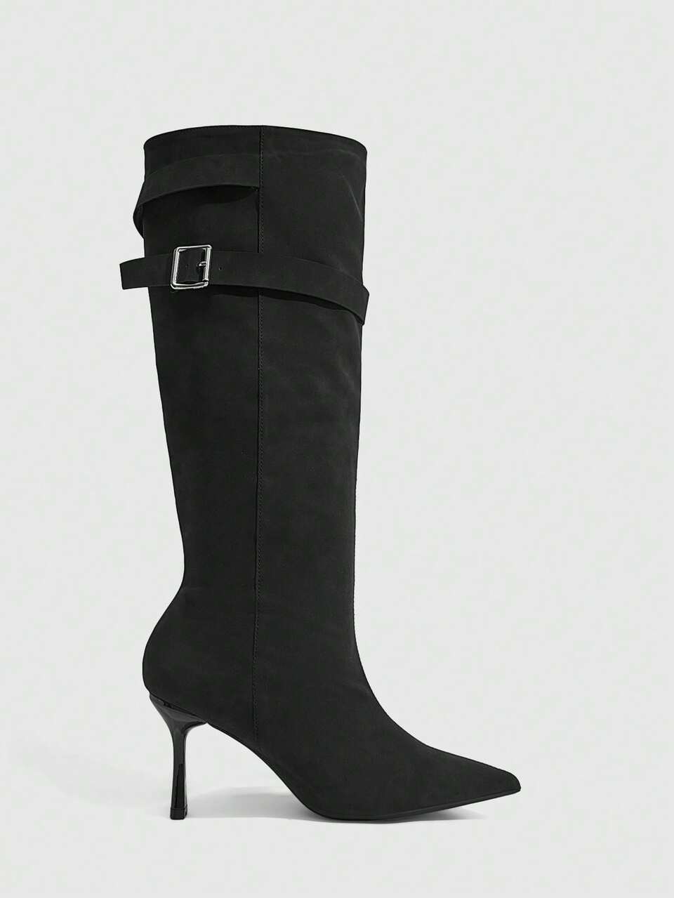 CUCCOO SZL Black Double Decorative Western Cowboy Women's Boots With Square Silver Buckle Imitation Suede Pointed Stiletto Knee-High Boots Fall Boots