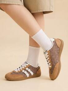 CUCCOO EASI Patchwork Toe Cap Vintage Beige & Brown Contrast Color Rubber Heel Lightweight Lace-Up Casual Sports Shoes - Brown - - View 3