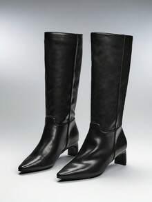 SHEIN SHUZIA Women's Glamorous Sexy Pointy Toe Kitten Heel Knee-High Boots - Black - View 8