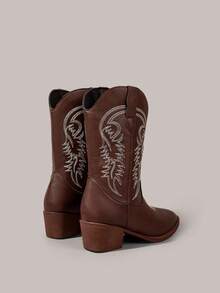 Styleloop Women's Gothic Punk White Embroidery V-Cut Butterfly Western Mid-Calf Thick Heel Boots, Halloween - Red + white line - View 4