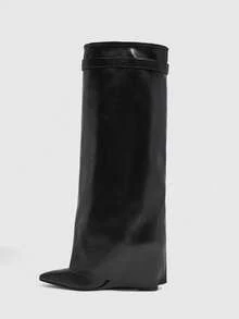 CUCCOO SZL Ladies Black Autumn And Winter Pointed Wedge Heel Sleeve Simple Sexy Versatile Skinny Patent Leather Knee Boots - Black - View 4