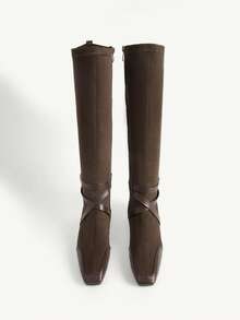 CUCCOO CHICEST Dark Brown Imitation Suede Rhinestone Square Buckle Strap High Boots, Maillard Style Square Toe Invisible Inner Heightening Long Knight Boots Fall Boots - Brown - View 3