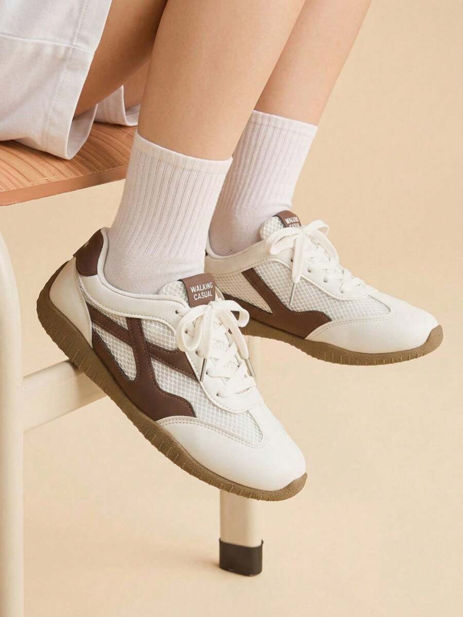 CUCCOO EASI Women's Distressed White & Brown Colorblock Flat Soft Sole Training Shoes, Commute & School Casual Sneakers - Brown + - View 1