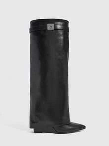 CUCCOO SZL Ladies Black Autumn And Winter Pointed Wedge Heel Sleeve Simple Sexy Versatile Skinny Patent Leather Knee Boots - Black - View 2