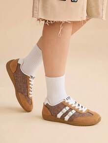CUCCOO EASI Patchwork Toe Cap Vintage Beige & Brown Contrast Color Rubber Heel Lightweight Lace-Up Casual Sports Shoes - Brown - - View 4