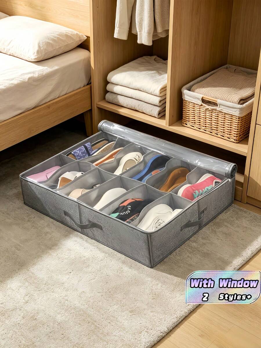 1PC 12 Grid Dustproof Non Woven Stackable Shoe Organizer Rack Space Saving Stable Structure Under Bed Shoe Storage Box Foldable Fabric With Transparent Cover Window Home Storage Essential For Closet Entryway Bedroom Dorm Apartment - Dark Grey - View 1