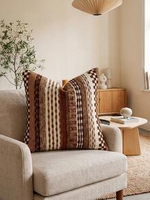 One Piece (No Filler) Bohemian Striped Pillow Cover, Fashionable Retro Luxury Multi-Color Pattern Jacquard Chenille Cushion Cover, Suitable For Daily Home, Sofa, Bed Bedroom, Decorative Pillowcase, Universal In Spring, Summer, Autumn And Winter - Coffee Brown - View 5