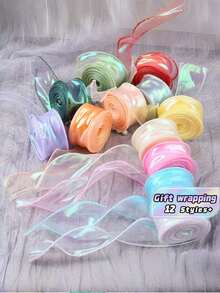 Gradient Iridescent Sheer Organza Ribbon Rolls, 4cm Width, About 9 Meters Per Roll, Shiny Transparent Chiffon Wavy Edge Ribbons For Gift Packaging, Floral Bouquet, Bow Making, Wedding DIY Decor - multicolor - View 1