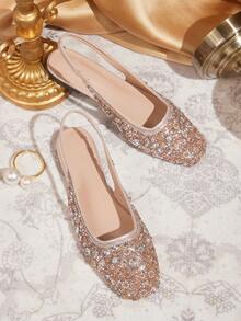 CUCCOO TILAWA Women's New Champagne Rhinestone Sparkling Square Toe Flat Shoes, Elegant Party And Date Outfit - Champagne - View 1