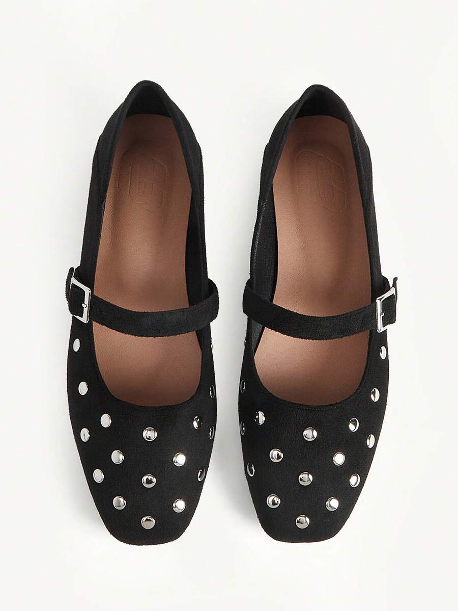 CUCCOO CHICEST New Casual And Comfortable, Imitation Suede Surface, Rivet Decoration, Generous Head Design, Buckle, Women's Flat Shoes - Black - View 1