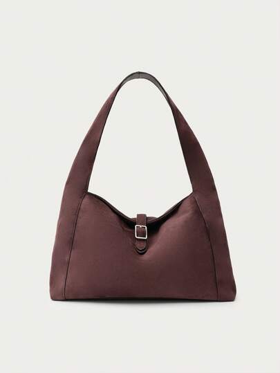 Nöista Brown Suede-Effect Shoulder Bag With A Soft Triangular Shape, Wide Strap And Silver Buckle Detail.