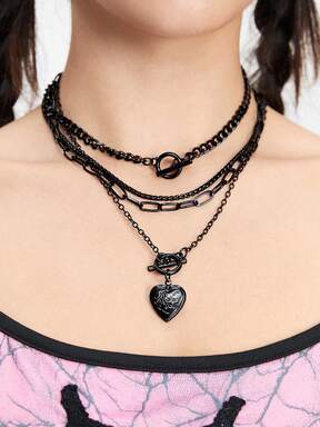 Kawaii 4 piezas Collar con colgante de amor estilo Gothpunk, accesorios negros únicos, cadena de clavícula con hebilla OT, joyería personalizada, uso diario y para fiestas, regalo ideal.