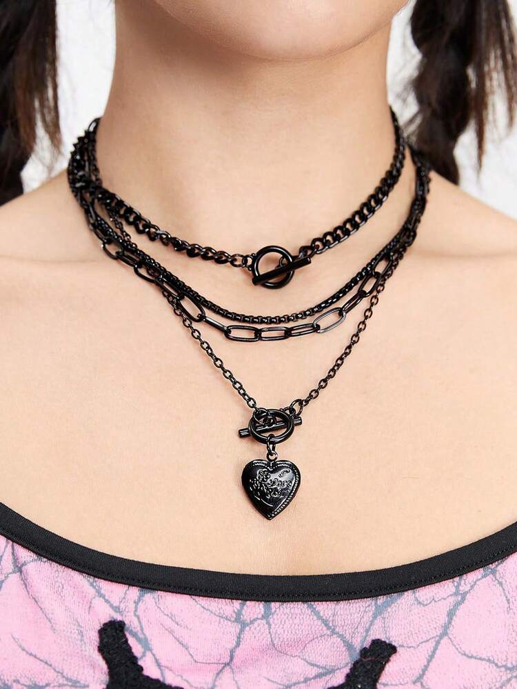 ROMWE Kawaii 4pcs Gothpunk Love Pendant Necklace, Unique Black Accessories, OT Buckle Collarbone Chain, Personalized Jewelry, Daily Party Wear, Ideal Gift. - Black - Love Pendant - View 1
