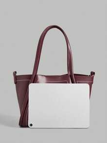 Ontre Women's Fashion Burgundy Handbag, Exquisite Collision Line, Simple Open Tote Bag, Suitable For Daily, Commuting, Dating, Shopping, Shopping - Burgundy - View 4