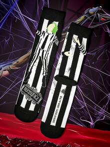 Beetlejuice X SHEIN 動漫角色大魔導師長筒襪 1雙 - 白黑 - 查看 4