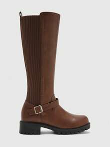 CUCCOO BIZCHIC Simple British Style Women's Autumn And Winter Daily Commute Vertical Pattern Elastic Knitting Splicing Silver Square Buckle Solid Color Round Toe Hi - Brown - View 2
