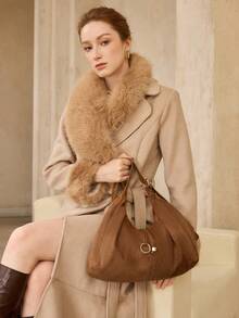 MOTF WOMEN'S FASHION BROWN SHOULDER BAG, RING HARDWARE DECORATION, SOFT SUEDE LARGE CAPACITY TOTE BAG, FOR DAILY SHOPPING COMMUTE - Brown - View 8