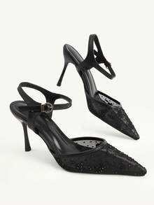 CUCCOO CHICEST Pointed Fashion Elegant Hollow Mesh Embroidery Thread Rhinestone Elegant Banquet Thin Heel High Heel Hollow Black Shoes - Black - View 4