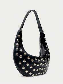 Nöista Black Hobo Shoulder Bag With Silver Stud Detailing, A Curved Silhouette And Adjustable Strap With Zip Closure. - Black - View 5